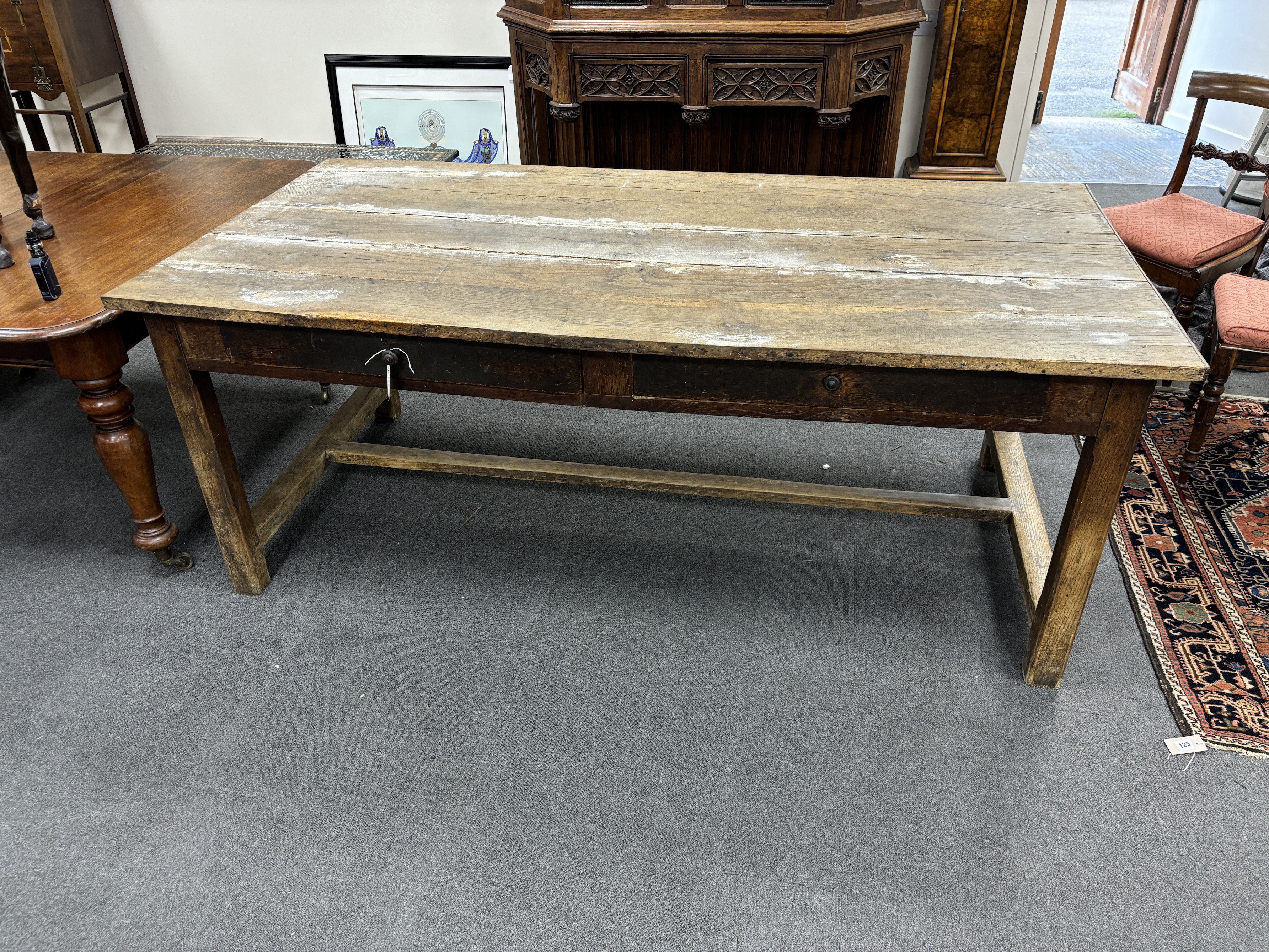 A 19th century French rectangular oak two drawer farmhouse table, length 201cm, depth 101cm, height 78cm
